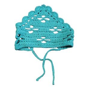 Handmade Crochet‎ Triangle Head Scarf Scalloped Hem Blue Cotton Cottage Boho